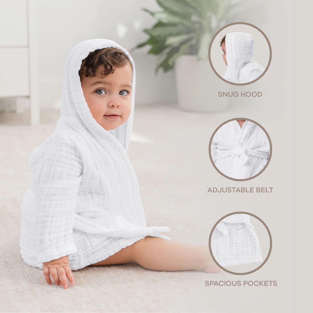 Comfy Cubs Muslin Hooded Baby Bath Robe 100% Cotton White - 6-12M - Functional and Adjustable Design