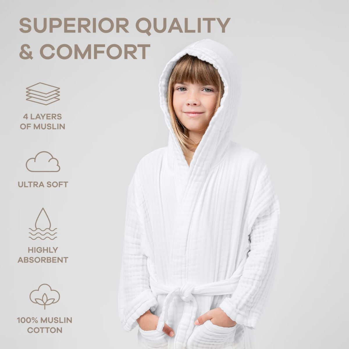 Comfy Cubs Muslin Hooded Baby Bath Robe 100% Cotton White - 6-12M - Ultra Soft Cotton Comfort