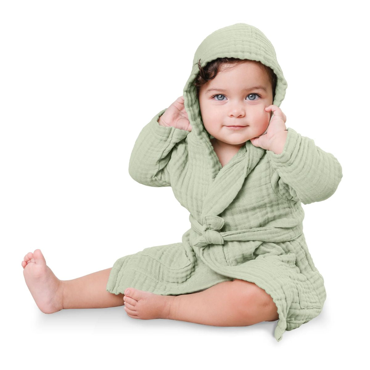 Comfy Cubs Muslin Hooded Baby Bath Robe 100% Cotton Sage - 6-12M - Perfect for Daily Routine
