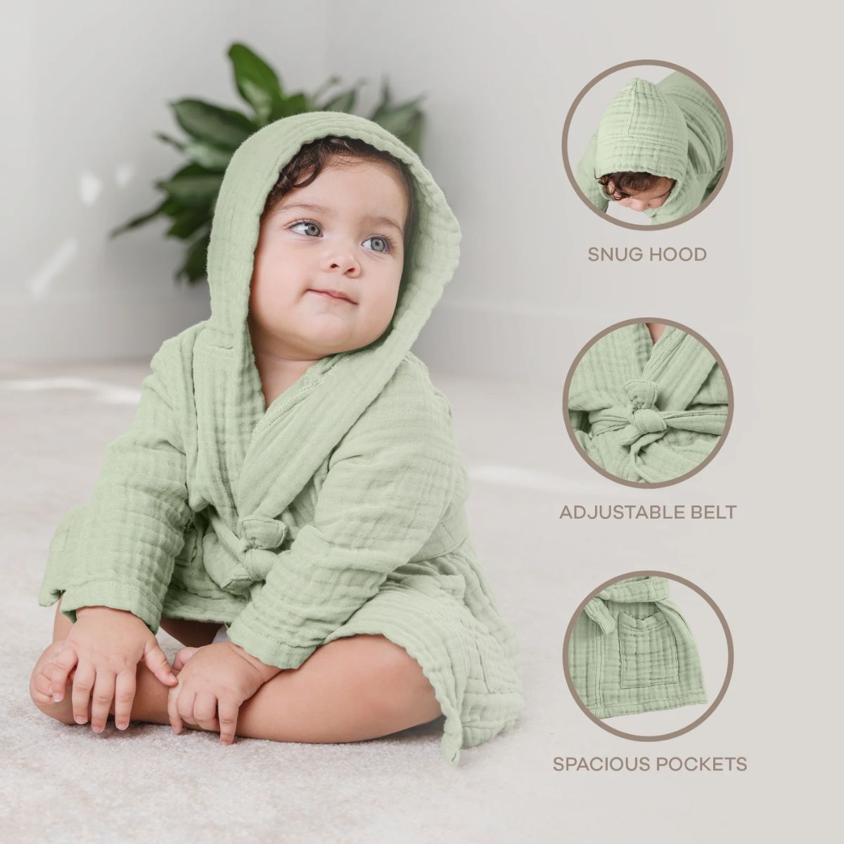 Comfy Cubs Muslin Hooded Baby Bath Robe 100% Cotton Sage - 6-12M - Functional and Adjustable Design