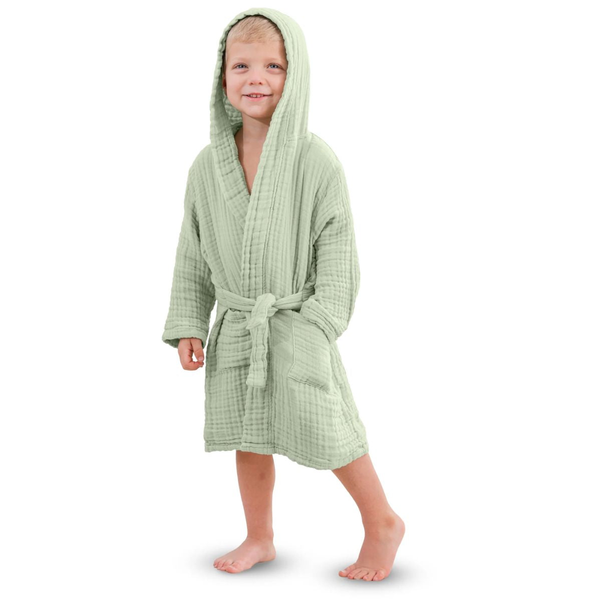 Comfy Cubs Muslin Hooded Baby Bath Robe 100% Cotton Sage - 6-12M - Highly Absorbent and Lightweight