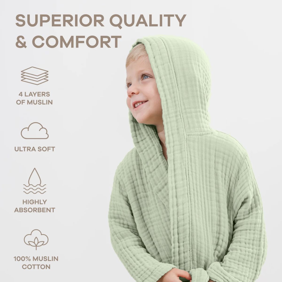 Comfy Cubs Muslin Hooded Baby Bath Robe 100% Cotton Sage - 6-12M - Ultra Soft Cotton Comfort